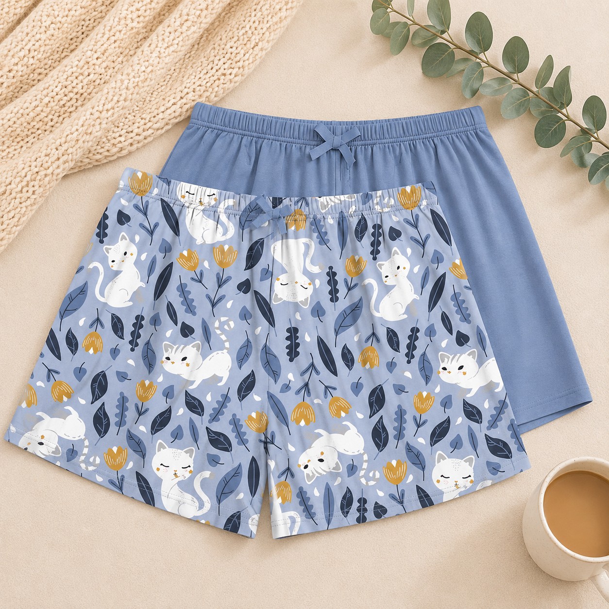 Blue Leafy Cats Shorts